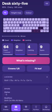Plate screen with a 65% keyboard and fit counts